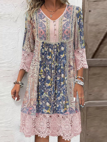 Hazel Blues® | Floral Lace Trim V-Neck Dress