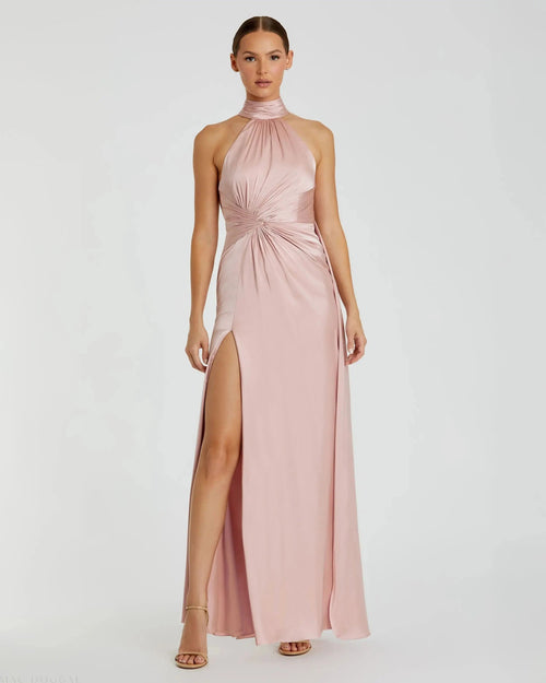 Pink Sleeveless Open Back Satin Gown