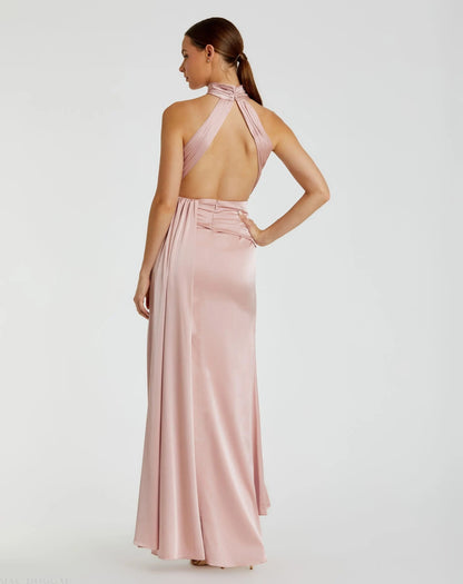 Pink Sleeveless Open Back Satin Gown