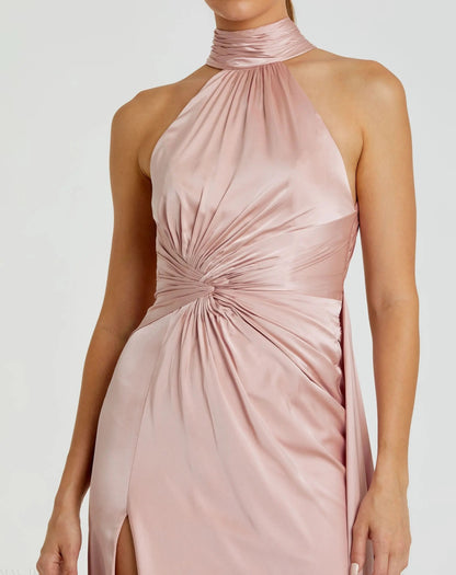 Pink Sleeveless Open Back Satin Gown