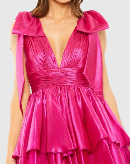Pink Oversized Bow Deep V Ruffle Mini Dress - FINAL SALE
