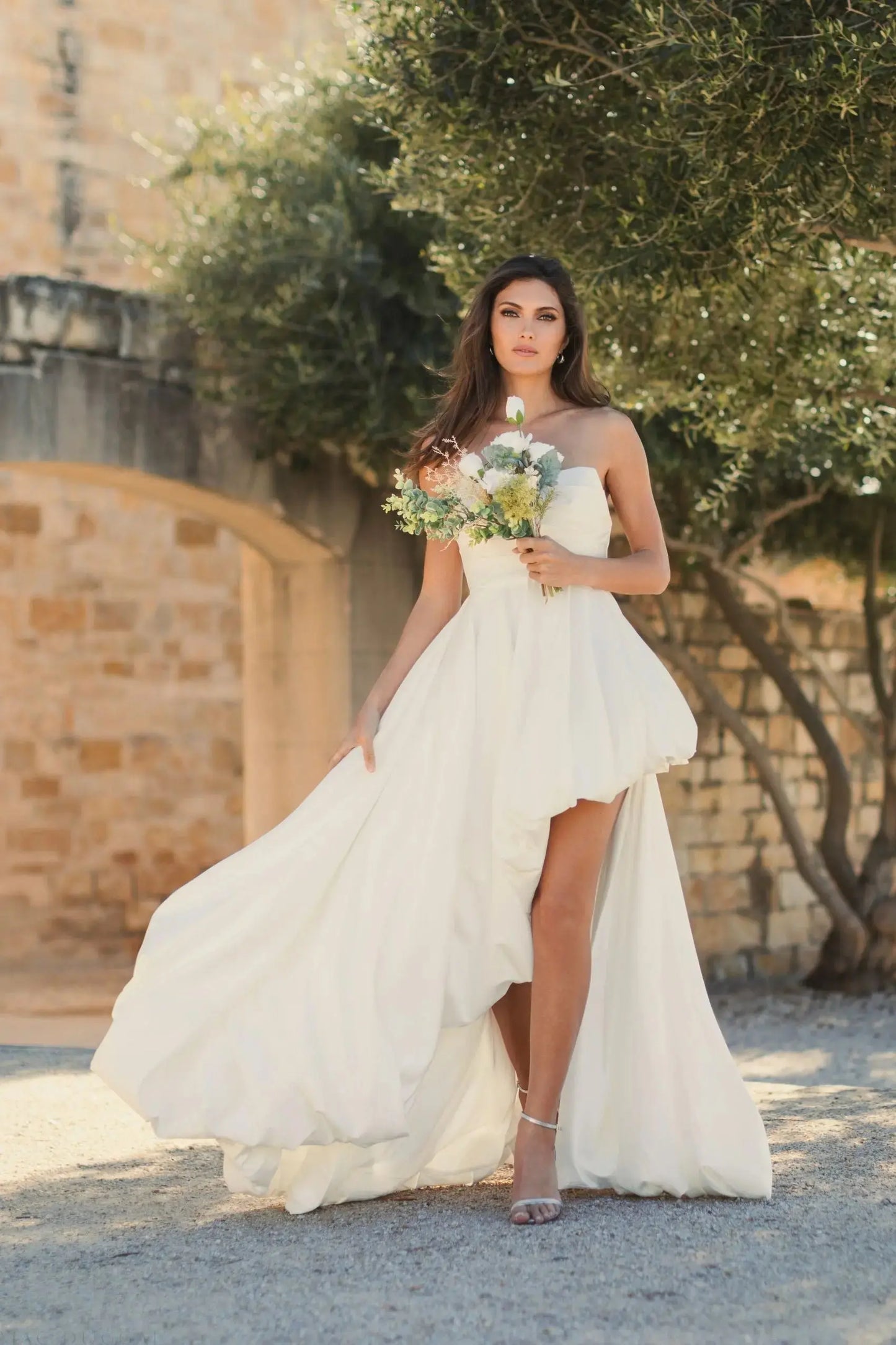 Petite White Strapless Ruched High Low Gown