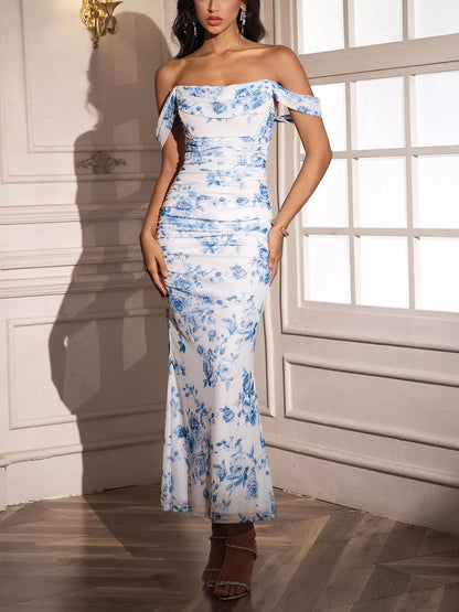 Hazel Blues® |  Off-Shoulder Ruched Floral Mermaid Dress