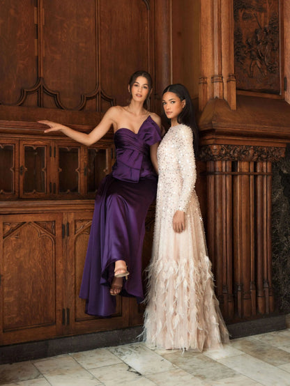 Pink Disc Embellished Sequin Gown with Feather Detail