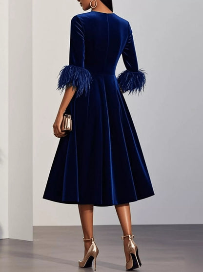 Hazel Blues® |  Velvet Midi Dress with Feather Cuffs