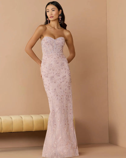 Pink Embellished Strapless Bustier Gown With Sweeping Train
