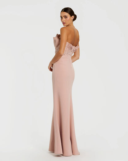 Pink Strapless Crepe Gown With Crystal Embellishments