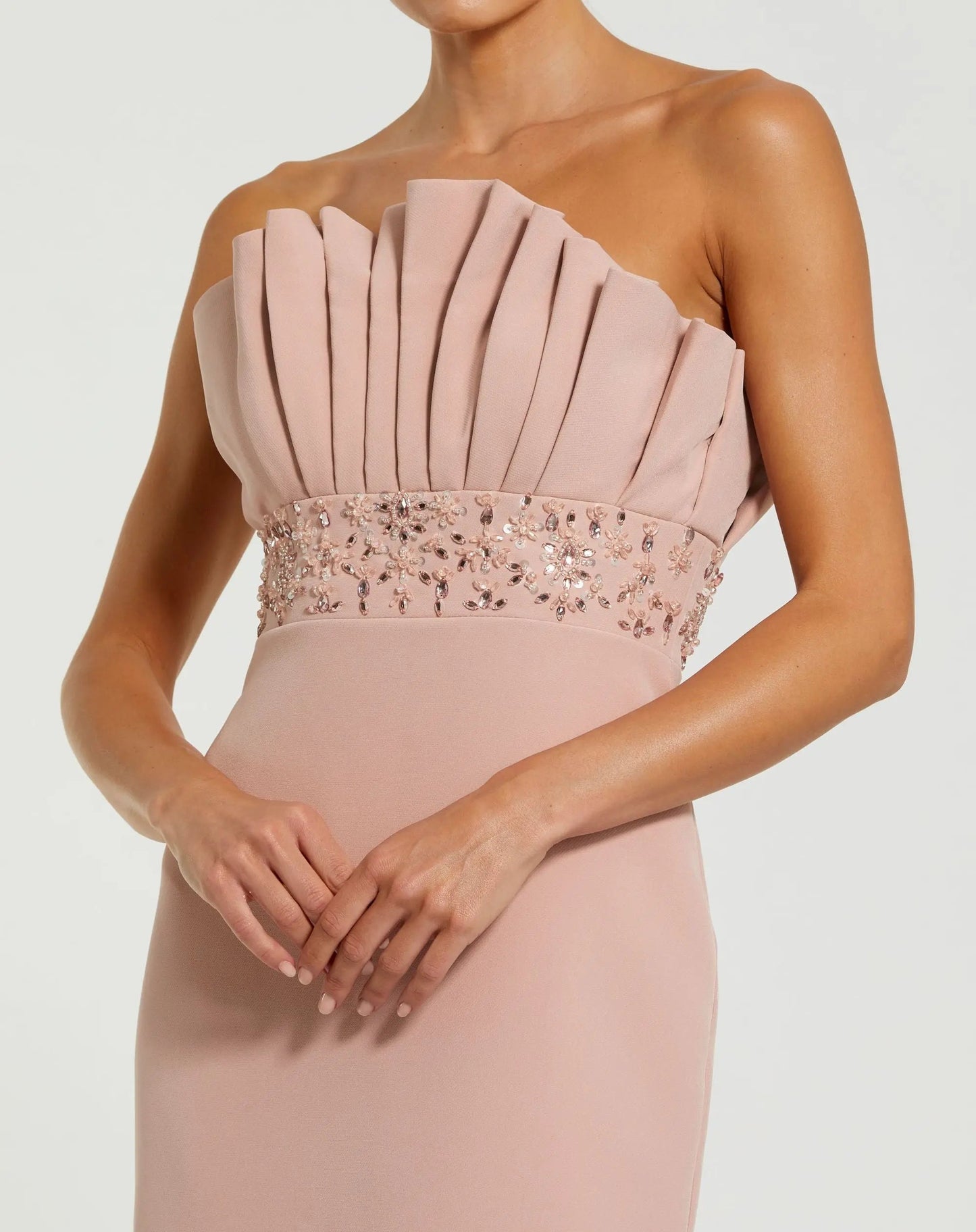 Pink Strapless Crepe Gown With Crystal Embellishments
