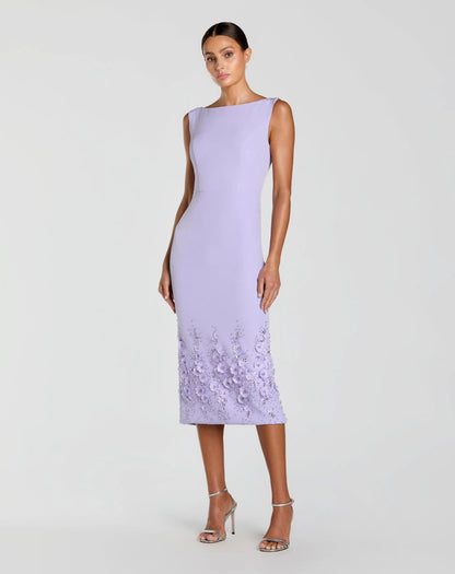Purple Crepe Sleeveless Midi Dress With Flower Beading