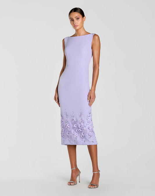 Purple Crepe Sleeveless Midi Dress With Flower Beading