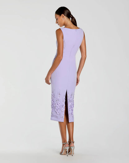 Purple Crepe Sleeveless Midi Dress With Flower Beading