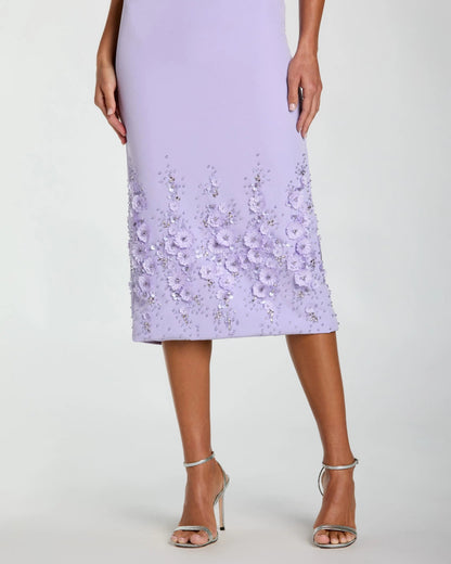 Purple Crepe Sleeveless Midi Dress With Flower Beading