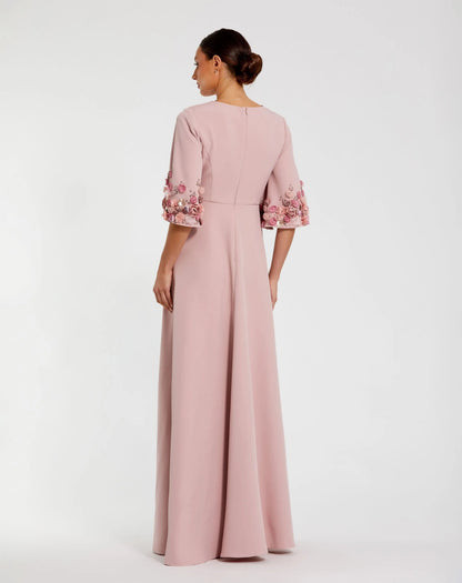 Pink Crepe 3/4 Sleeve A-line Gown With Flower Trim