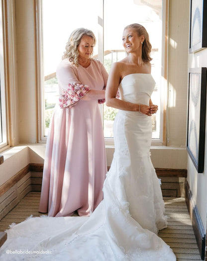 Pink Crepe 3/4 Sleeve A-line Gown With Flower Trim