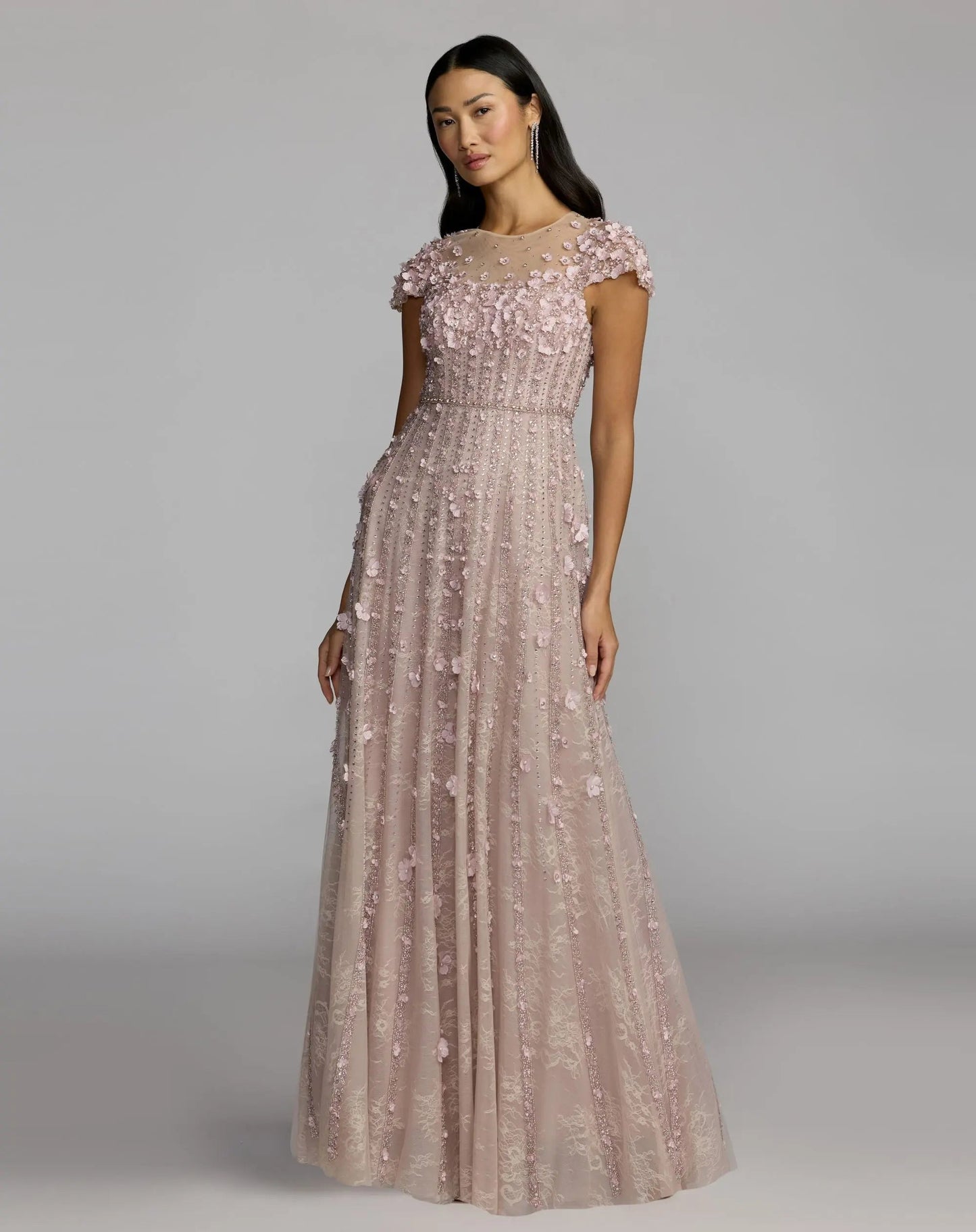 Pink Embellished Lace Illusion Neck A-Line Gown