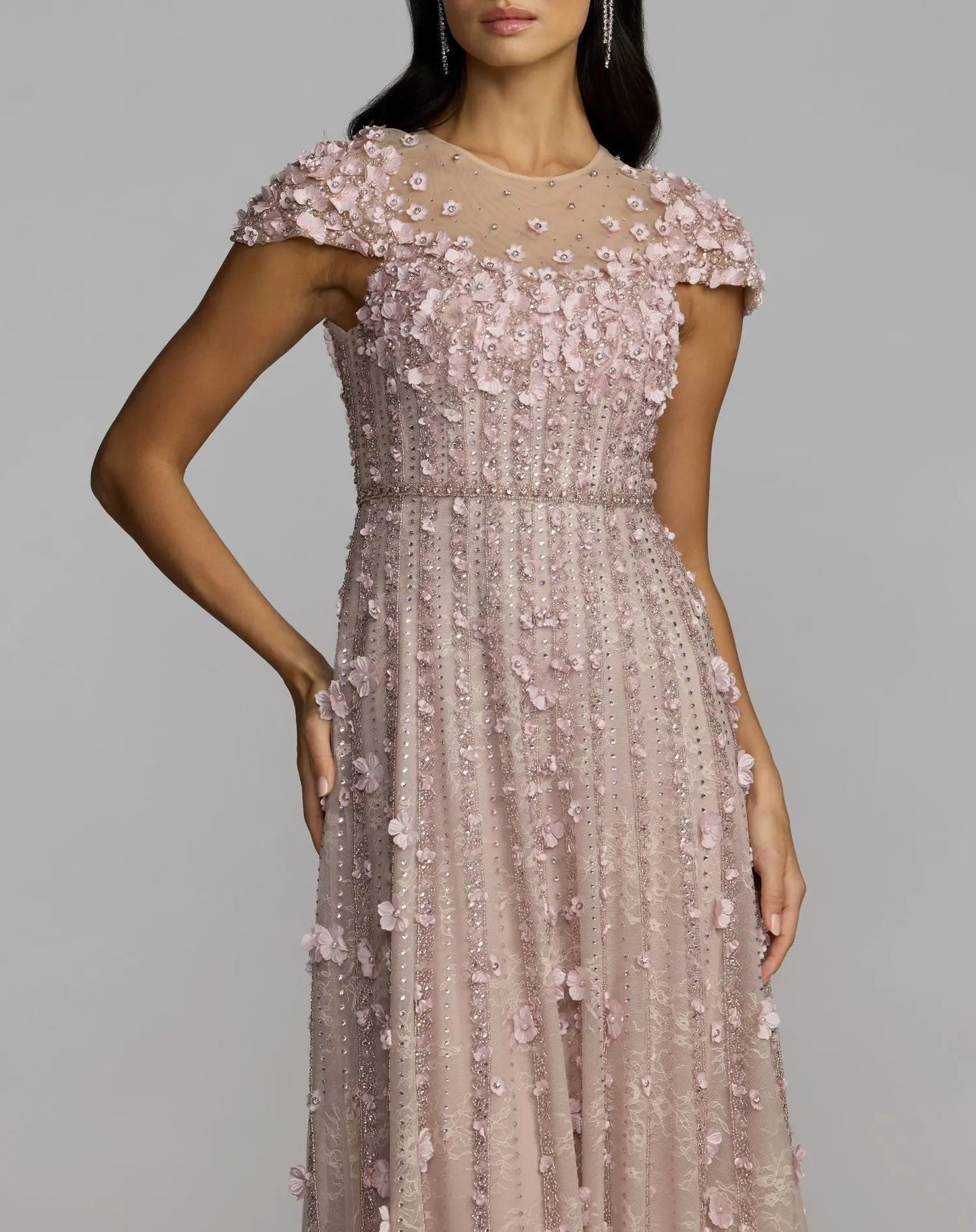 Pink Embellished Lace Illusion Neck A-Line Gown