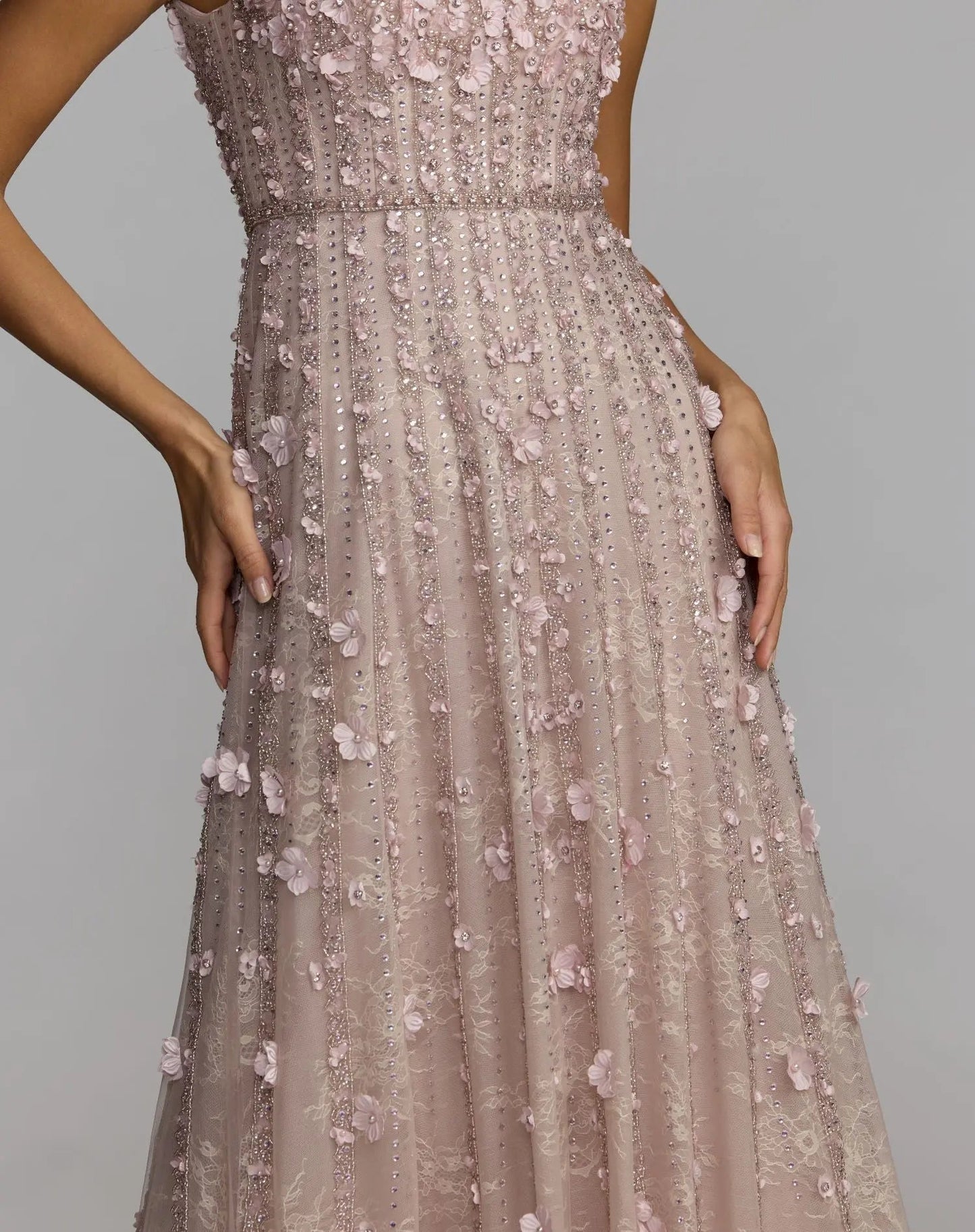 Pink Embellished Lace Illusion Neck A-Line Gown