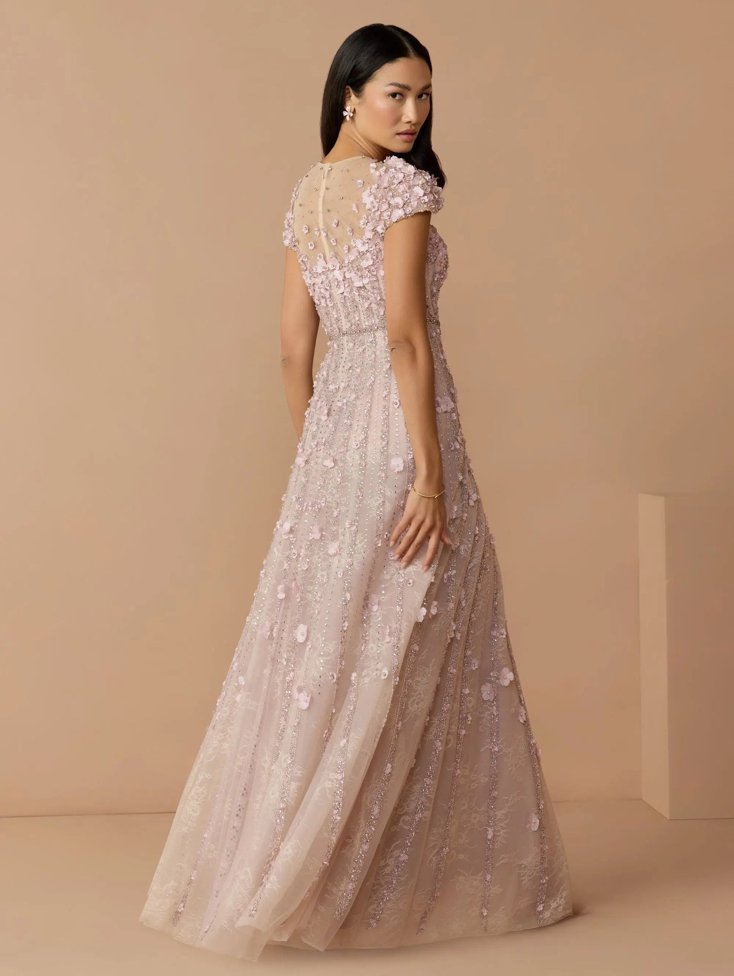 Pink Embellished Lace Illusion Neck A-Line Gown