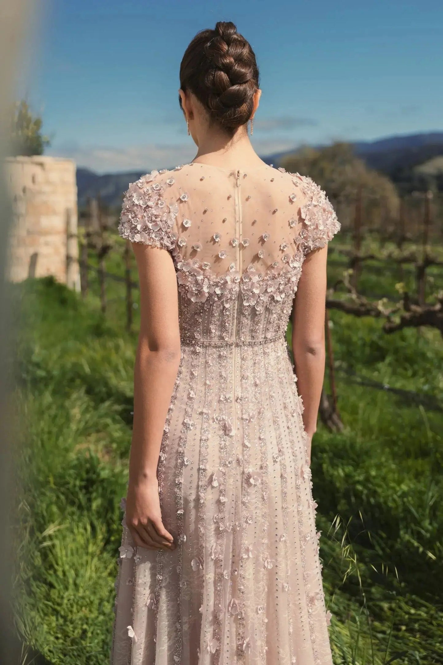 Pink Embellished Lace Illusion Neck A-Line Gown