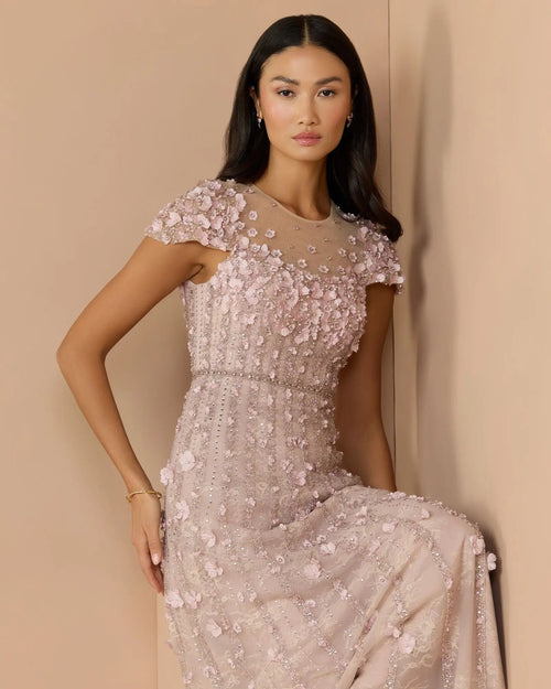 Pink Embellished Lace Illusion Neck A-Line Gown
