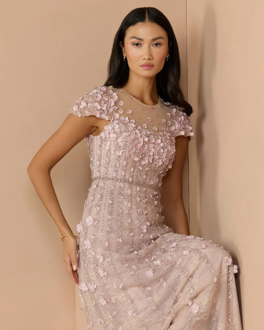 Pink Embellished Lace Illusion Neck A-Line Gown