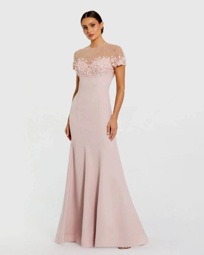 Pink Crepe Mermaid Gown With Beaded Illusion Neck