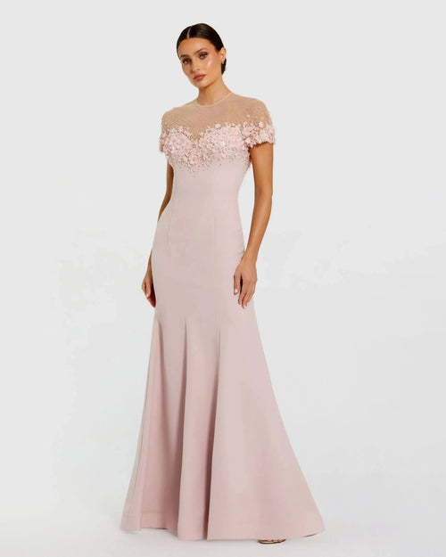 Pink Crepe Mermaid Gown With Beaded Illusion Neck