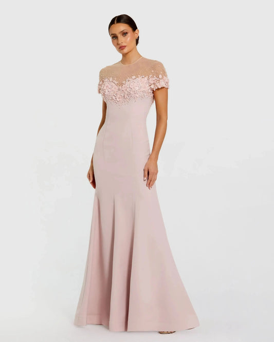 Pink Crepe Mermaid Gown With Beaded Illusion Neck