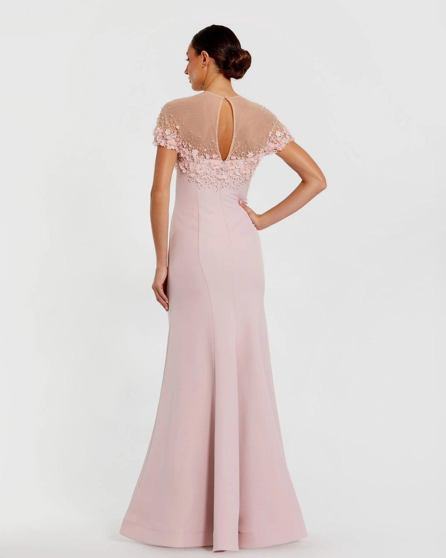 Pink Crepe Mermaid Gown With Beaded Illusion Neck