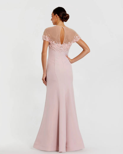 Pink Crepe Mermaid Gown With Beaded Illusion Neck