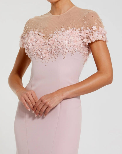 Pink Crepe Mermaid Gown With Beaded Illusion Neck
