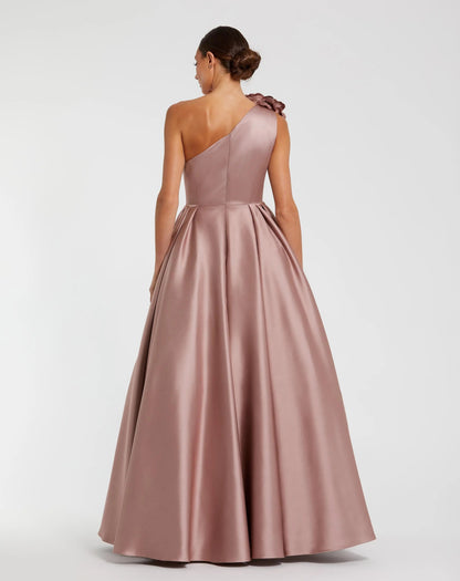 Pink One Shoulder Satin Ball Gown With 3D Flower