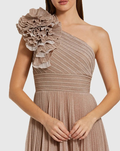 Pink Pleated One Shoulder Ruffle Gown