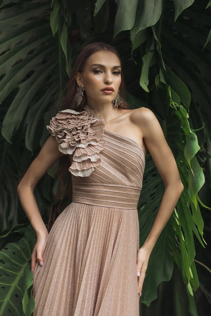 Pink Pleated One Shoulder Ruffle Gown