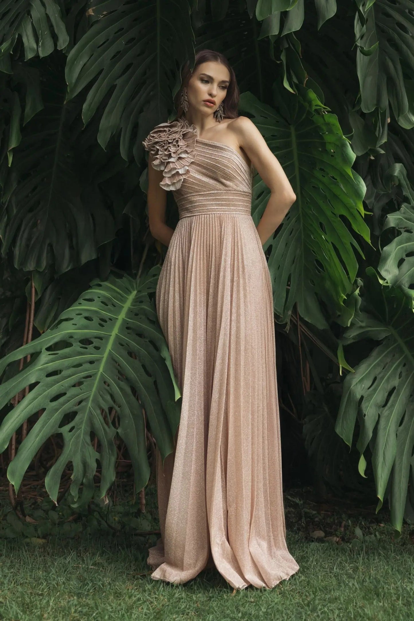 Pink Pleated One Shoulder Ruffle Gown