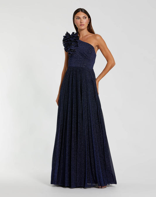Pleated One Shoulder Ruffle Gown