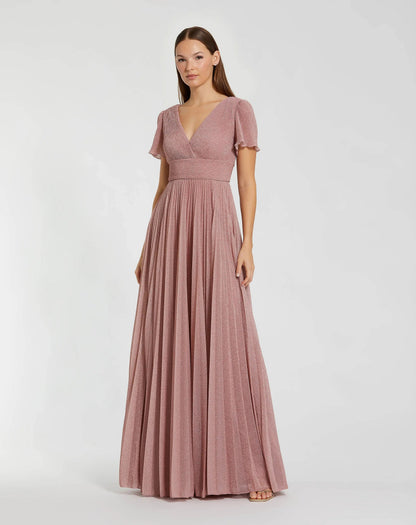 Pink Pleated Metallic Flutter Sleeve A Line Gown