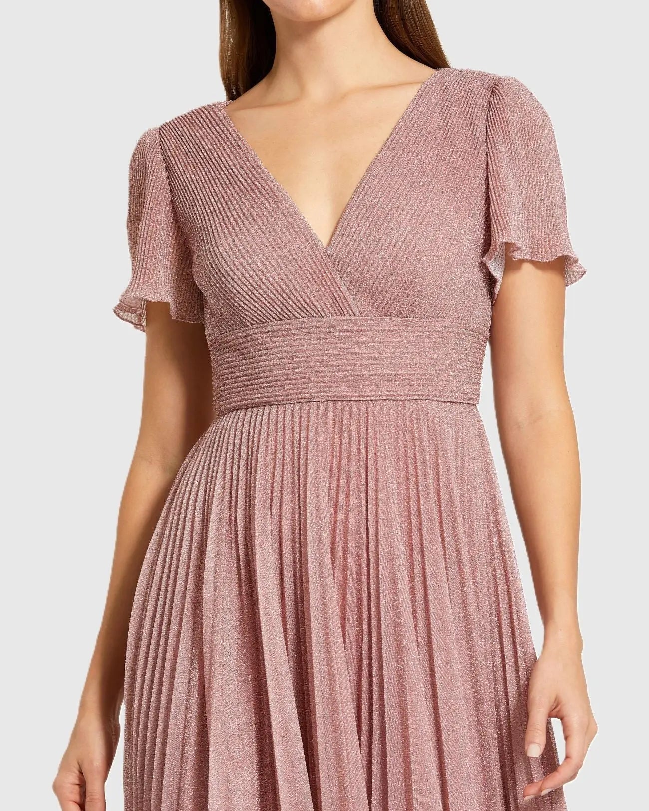Pink Pleated Metallic Flutter Sleeve A Line Gown
