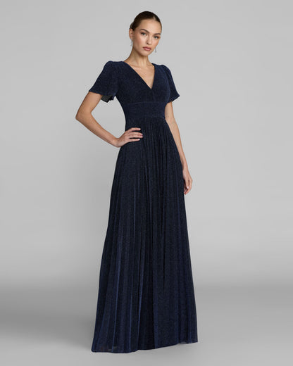 Pleated Metallic Flutter Sleeve A Line Gown
