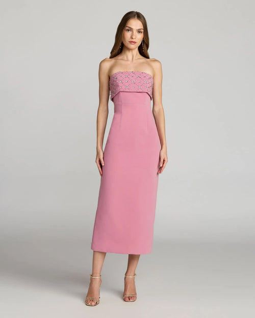 Pink Strapless Crepe Midi Dress With Rhinestone Detail