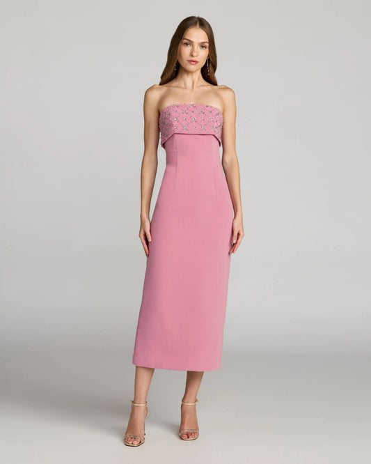 Pink Strapless Crepe Midi Dress With Rhinestone Detail