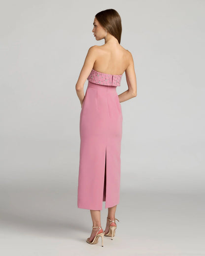 Pink Strapless Crepe Midi Dress With Rhinestone Detail