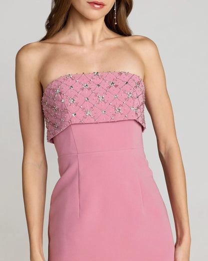 Pink Strapless Crepe Midi Dress With Rhinestone Detail