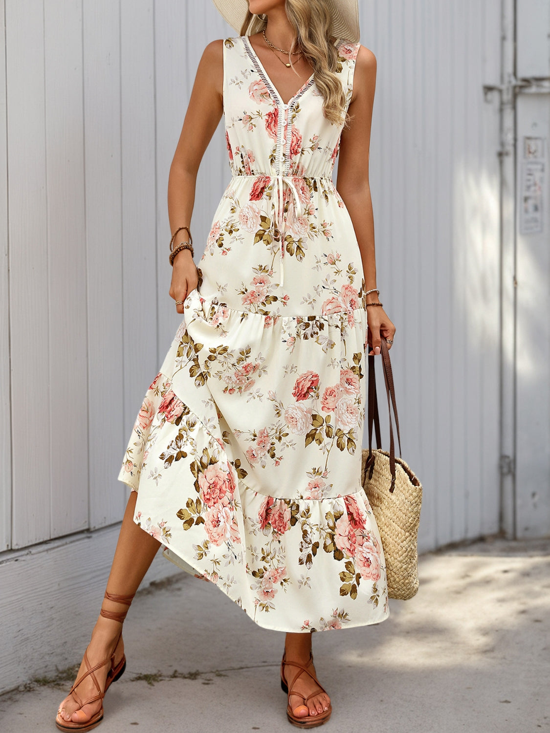 Hazel Blues® |  Printed Ruffled Hem V-Neck Sleeveless Dress