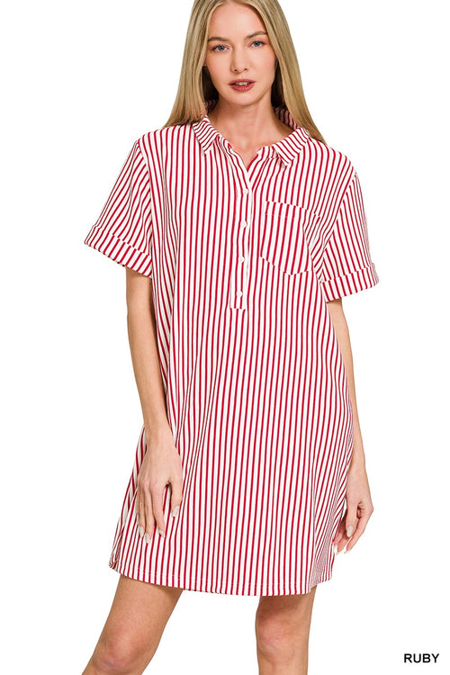 Hazel Blues® |  Zenana Stripe Collared Half Button Up T-Shirts Dress