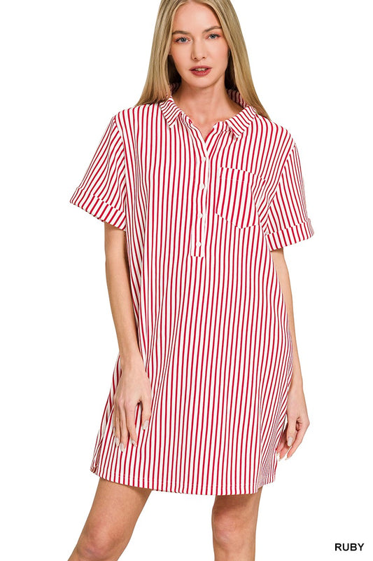 Hazel Blues® |  Zenana Stripe Collared Half Button Up T-Shirts Dress