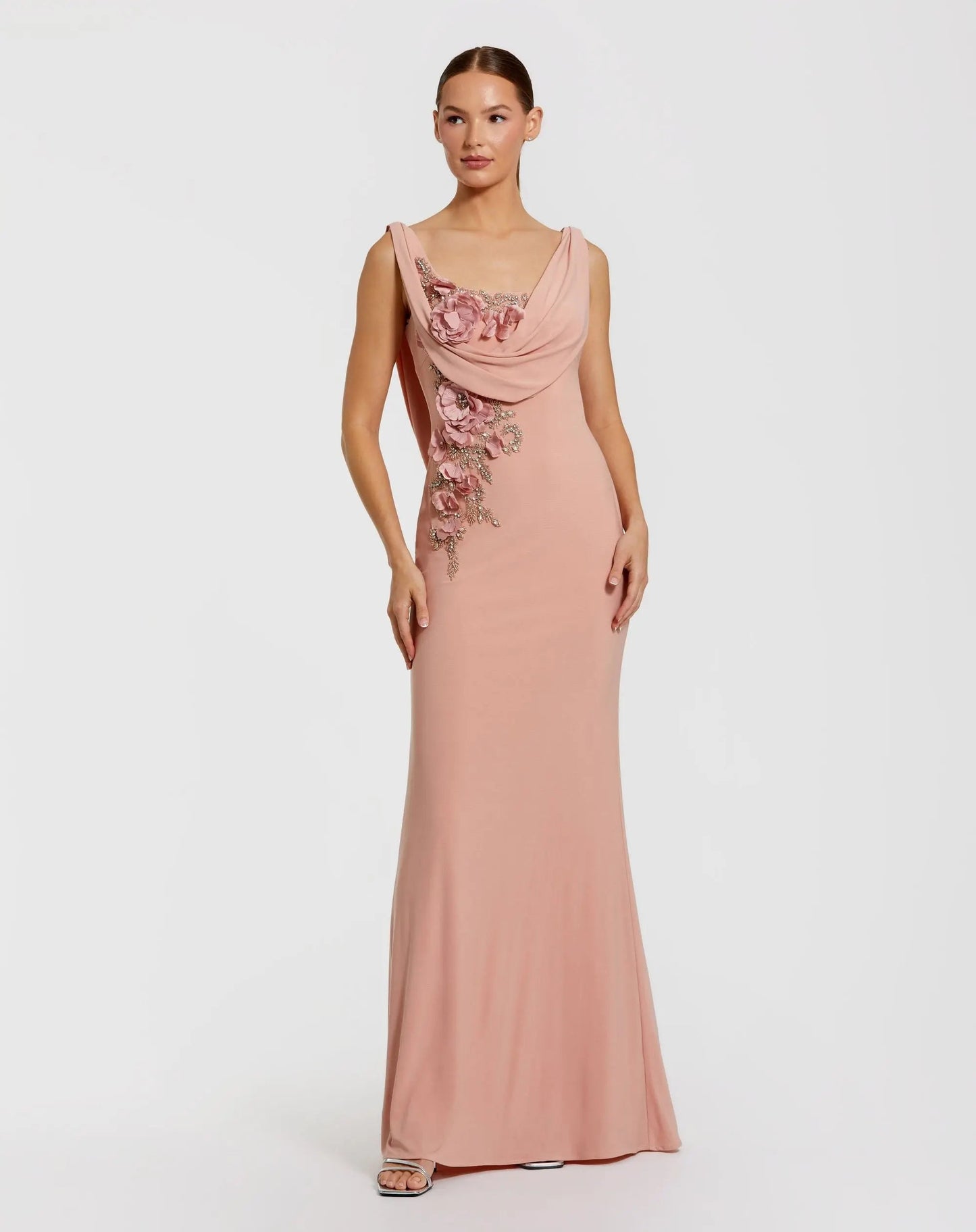 Pink Sleeveless Jersey Cowl Neck Gown With Beading