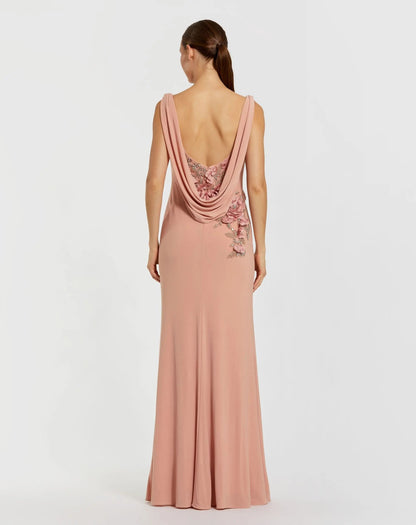 Pink Sleeveless Jersey Cowl Neck Gown With Beading