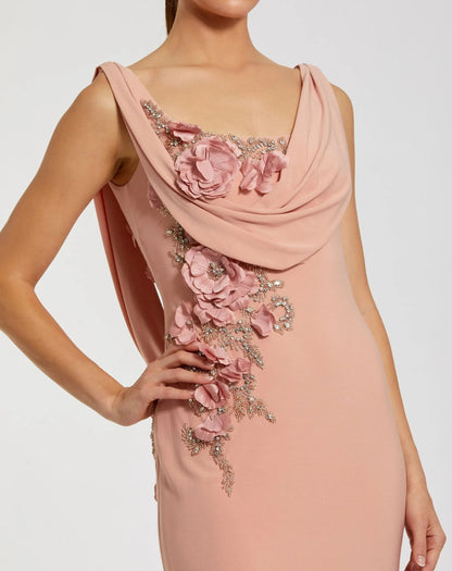 Pink Sleeveless Jersey Cowl Neck Gown With Beading