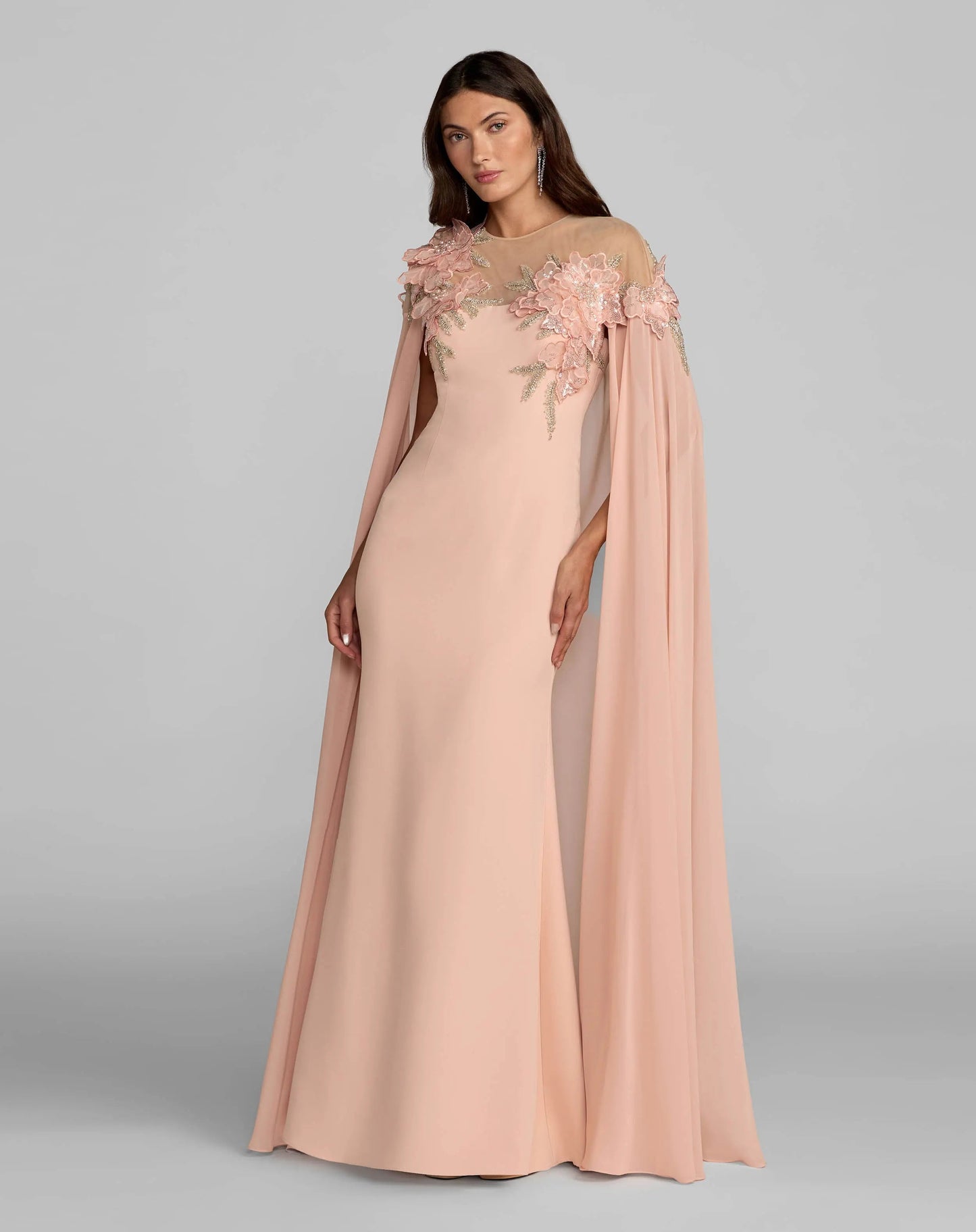 Pink Embellished Crepe Gown With Chiffon Cape